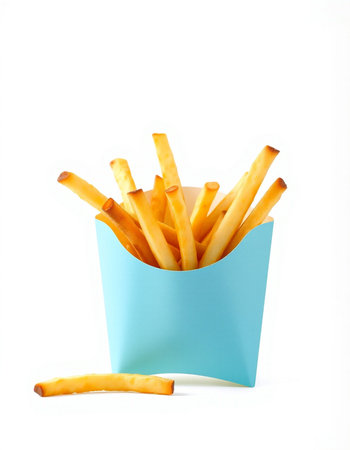 French fries in blue paper box isolated on white background, clipping pathの写真素材
