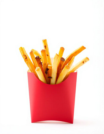 French fries in a red box on a white background. Isolatedの写真素材