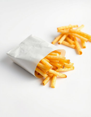 French fries in a paper bag on a white background. Fast food.