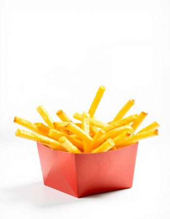 French fries in a red box on a white background. Selective focus.