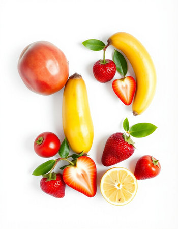 Fruits and vegetables on white background. Top view. Flat layの写真素材