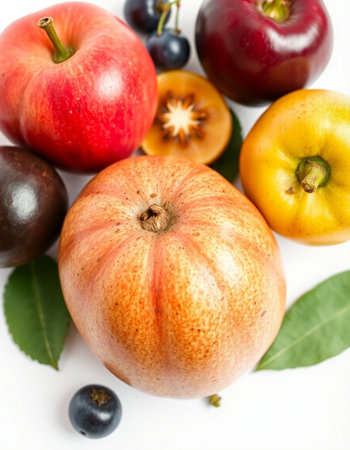 Fruits and vegetables on a white background, top view, close-upの写真素材