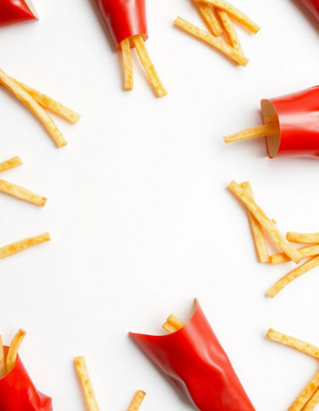 Frame made of french fries and ketchup on white background, top viewの写真素材