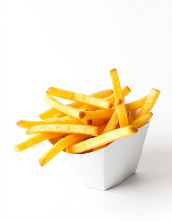 French fries in a white box on a white background. Selective focus.