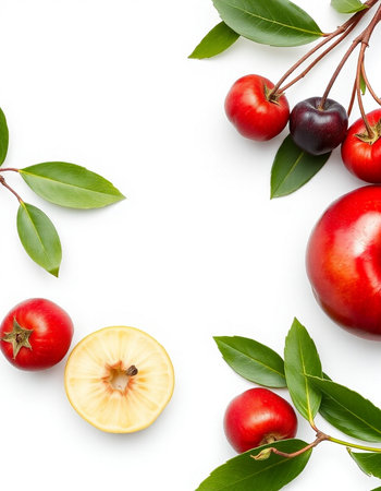 Red apples and cherries with leaves isolated on white background. Top view. Flat lay pattern.