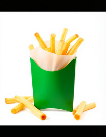 French fries in a green box on a white background. Isolated