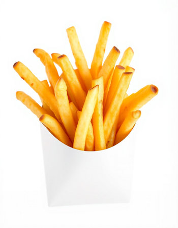 French fries in white paper box isolated on white background with clipping path