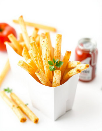 French fries with tomato sauce on a white background. Selective focus.