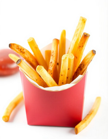 French fries in a red box on a white background, close-up