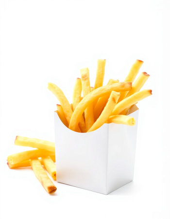 French fries in a white box on a white background. Isolated