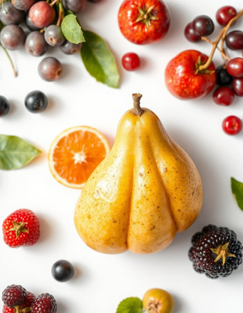 Autumn composition with ripe fruits and berries on white background, top viewの写真素材