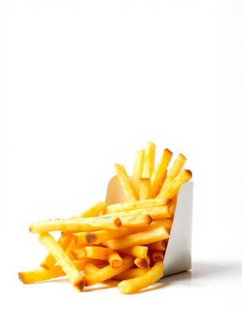 French fries in a white box on a white background. Isolated