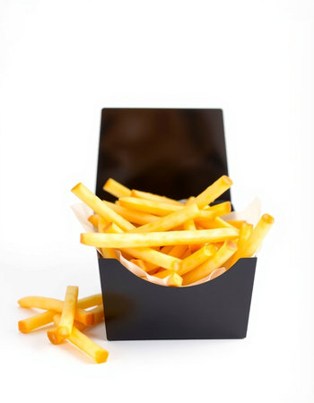 French fries in black box isolated on white background. Selective focus.の写真素材