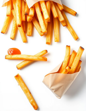 French fries in paper bag isolated on white background. Top view.