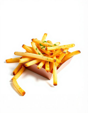 French fries in a box on a white background. Fast food.