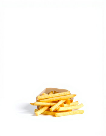 Golden French fries potatoes in paper bag isolated on white background with clipping path