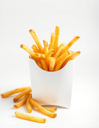 French fries in a white box on a white background. Fast food.