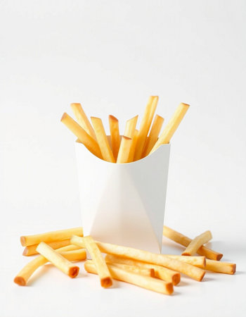 French fries in a paper box on a white background. Fast food