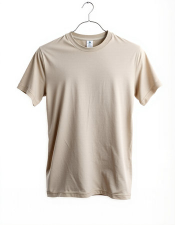Brown t-shirt on a hanger isolated on white background.の写真素材