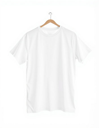 White t-shirt on wooden hanger isolated on white background.
