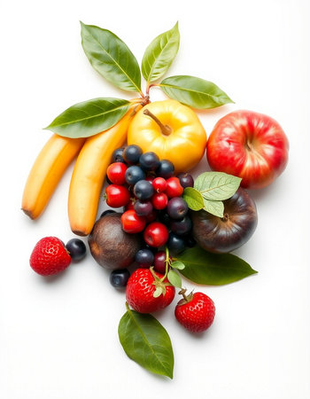 Fresh fruits on a white background. Healthy food concept. Top view.の写真素材