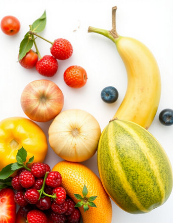 Fruits and vegetables on the white background. Healthy food concept.の写真素材