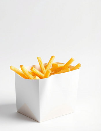 French fries in a paper box on a white background. Fast food.の写真素材