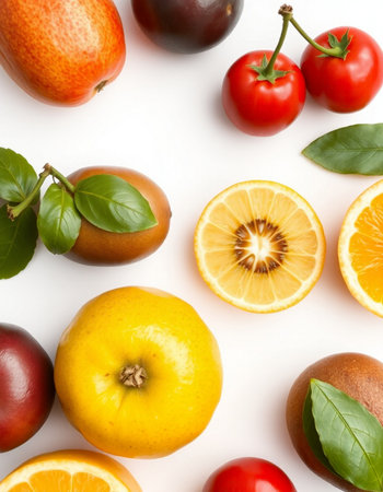 Fresh fruits and vegetables on white background, top view. Flat lay