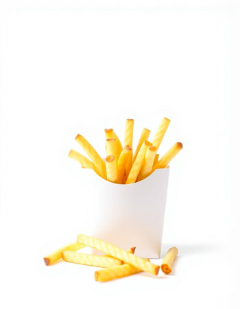 French fries in a white box on a white background. Isolated