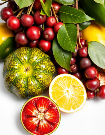 Fruits and vegetables on a white background, close-up.の写真素材