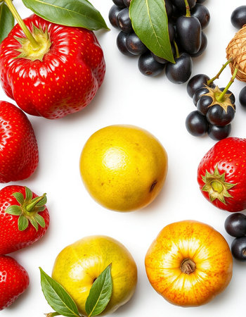 Fruits and berries isolated on a white background. Top view.