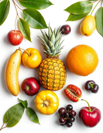 Fruits and vegetables isolated on white background. Top view. Flat lay