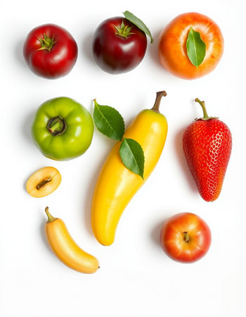 Fresh fruits and vegetables isolated on white background. Flat lay, top view
