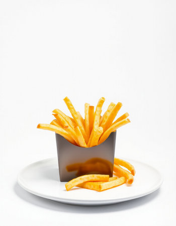 French fries in a paper box on a white background. Fast food