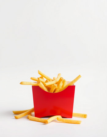 French fries in a red box on a white background, fast food