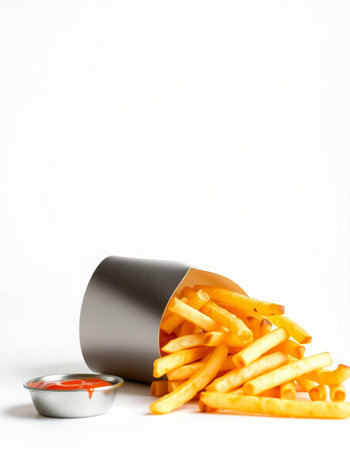 French fries with ketchup on a white background. Selective focus.