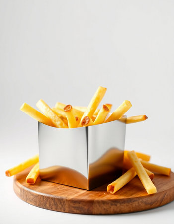 French fries in a silver box on a wooden surface.