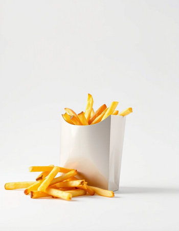 French fries in paper box on white background. Fast food concept.