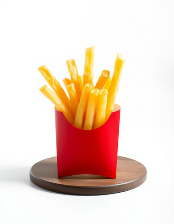 French fries in a red box on a white background, fast food