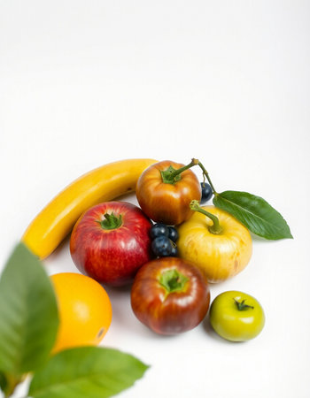 Assorted fruits and vegetables isolated on white background with copy space.の写真素材