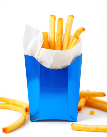 French fries in paper bag on white background. Selective focus.の写真素材