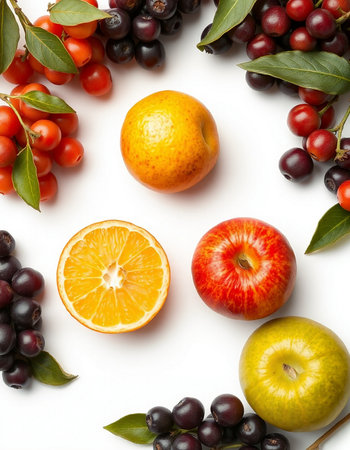 Fresh fruits and berries on white background, top view. Healthy foodの写真素材