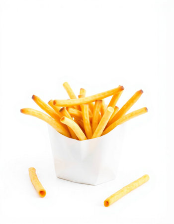 potato sticks in a white bowl on a white background, food