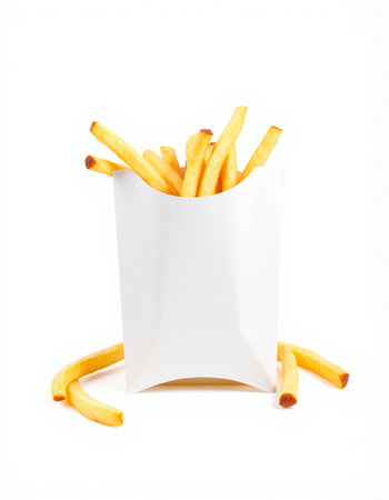French fries in paper bag isolated on white background. Fast food.