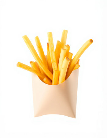French fries in paper box isolated on white background. Close up.