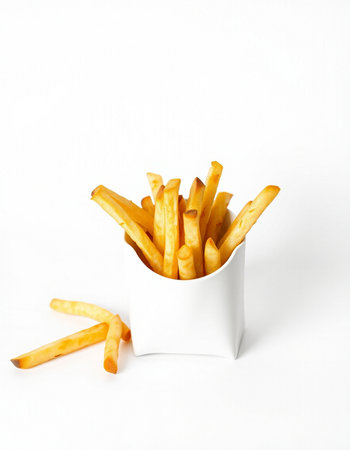 French fries in a white box on a white background with copy space