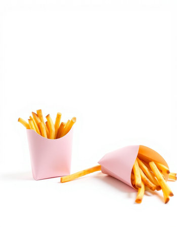 French fries in a paper box on a white background. Fast food.の写真素材