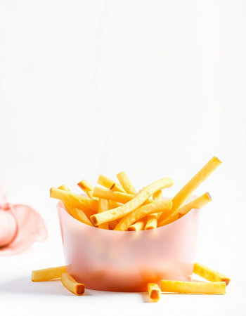 French fries in a bowl on a white background, selective focus.