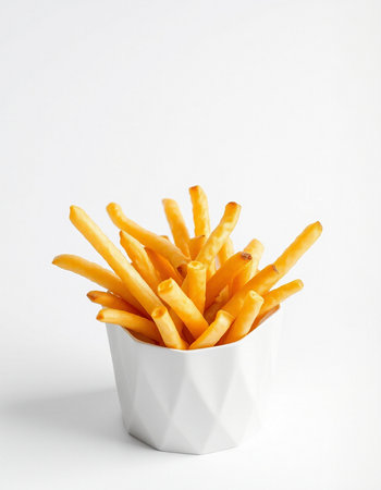 French fries in a white bowl on a white background. Isolatedの写真素材