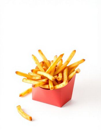 French fries in a red box isolated on white background. Fast food.